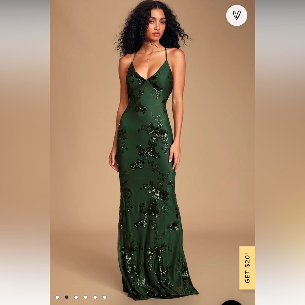Lulu’s Valhalla Forest Green Sequin Lace-Up Maxi Dress